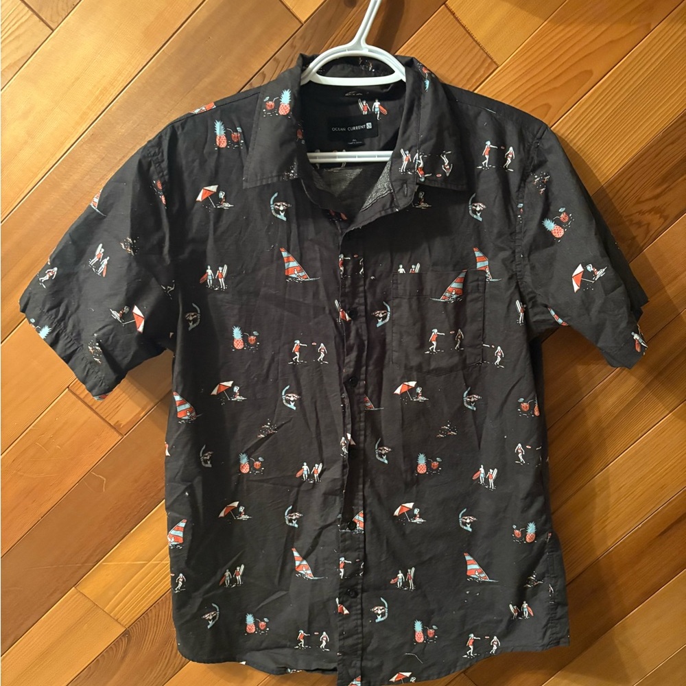 Black Short Sleeve Button up Shirt with Beach Pattern